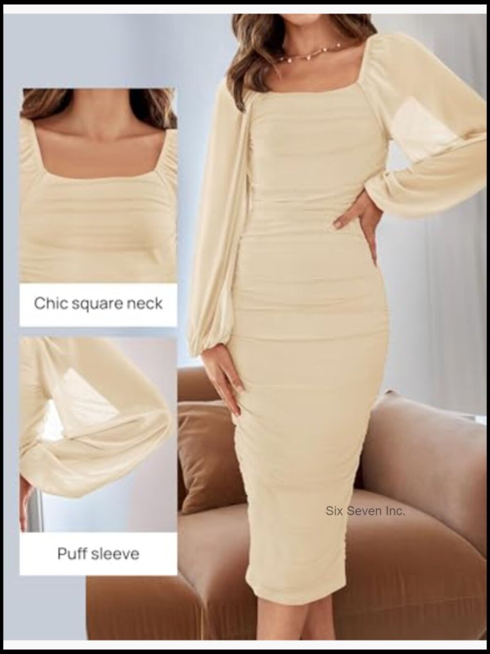 Sexy Ruched Bodycon Midi Dress Long Puff Sleeve Square Neck Backless Cocktail - Picture 4 of 7